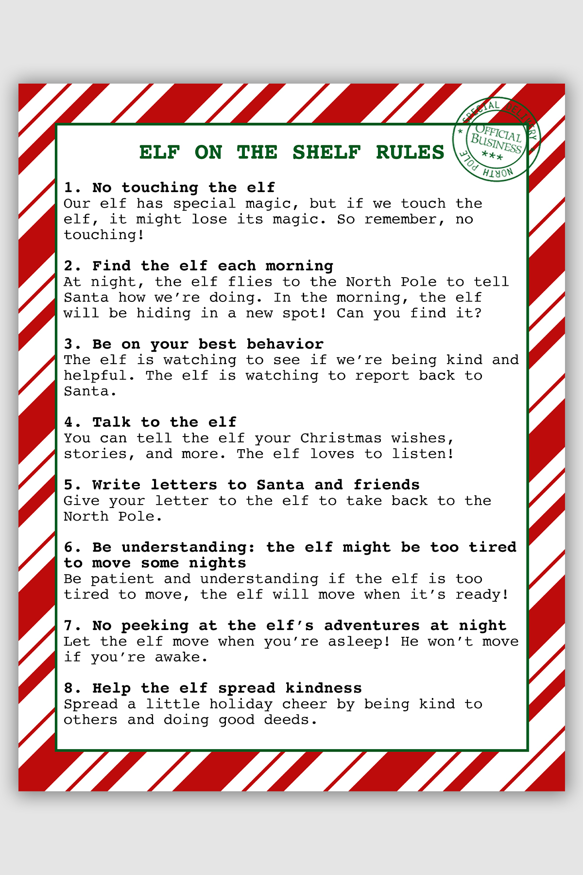 free printable elf on the shelf rules for kids